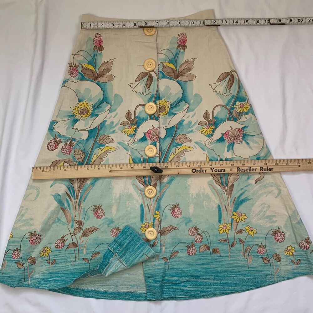 Vintage Floral Full Button Front Midi Skirt XS Blue Ivory Parisian Botanical - Picture 4 of 9